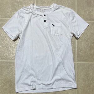 Abercrombie & Fitch White Henley Tee with Navy Logo